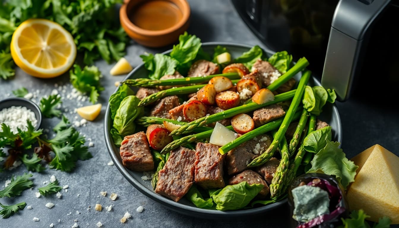 Crispy Air Fryer Asparagus Beef Salad